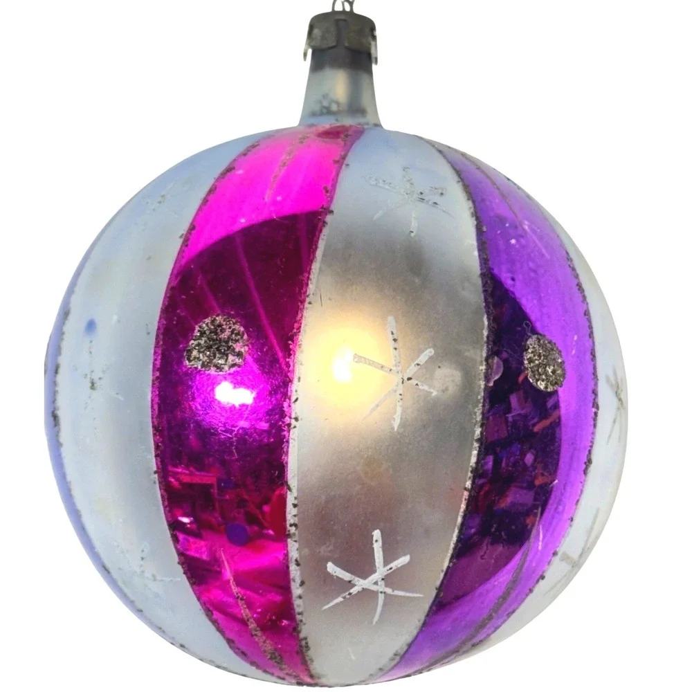 Vintage‎ JUMBO Poland striped w/ mica stars dots Glass CHRISTMAS ORNAMENT